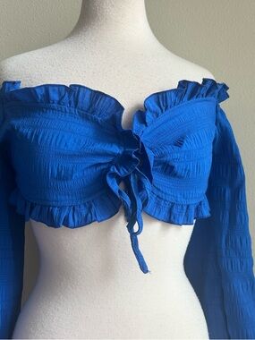 SHEIN Royal Blue Ruffle Tie-Front Long Sleeve Crop Top